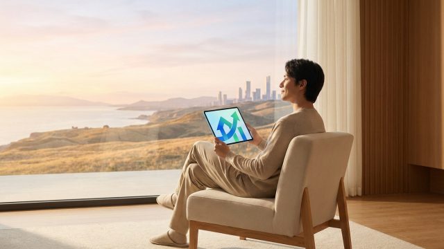 Un homme serein regarde le coucher de soleil sur une tablette affichant un graphique de croissance financière.