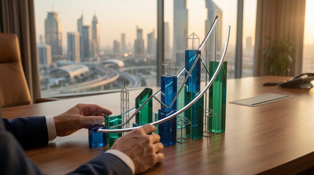 Mains manipulant des blocs de verre en forme de gratte-ciel sur une table de bureau avec une vue urbaine en arrière-plan.