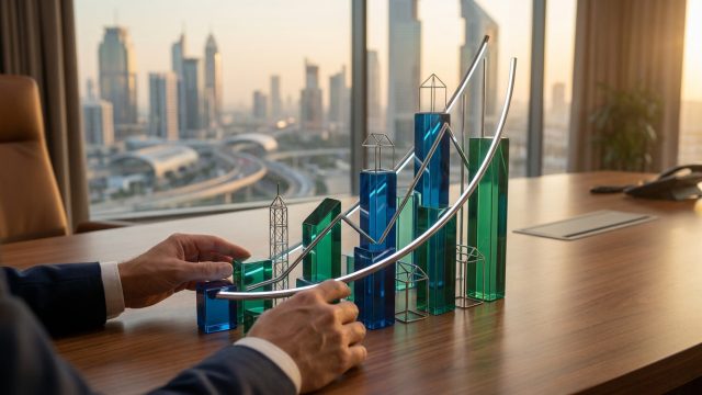 Mains manipulant des blocs de verre en forme de gratte-ciel sur une table de bureau avec une vue urbaine en arrière-plan.