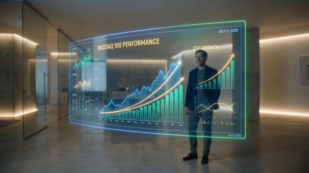Un homme d'affaires consulte une interface holographique affichant les graphiques de performance du Nasdaq 100 en 2026.
