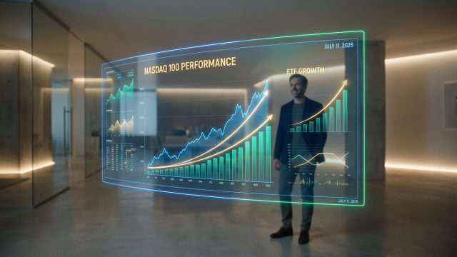 Un homme d'affaires consulte une interface holographique affichant les graphiques de performance du Nasdaq 100 en 2026.