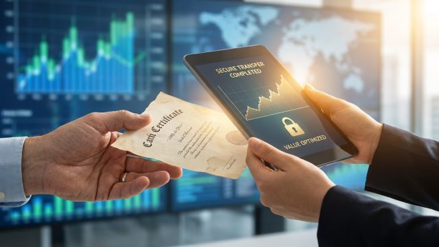Mains échangeant un certificat papier contre une tablette affichant un transfert sécurisé devant des graphiques financiers.