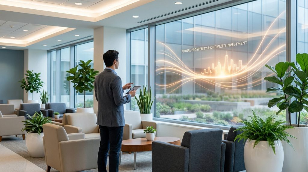 Un investisseur regarde une projection holographique d'une ville sur une baie vitrée dans un bureau moderne.