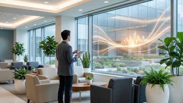 Un investisseur regarde une projection holographique d'une ville sur une baie vitrée dans un bureau moderne.