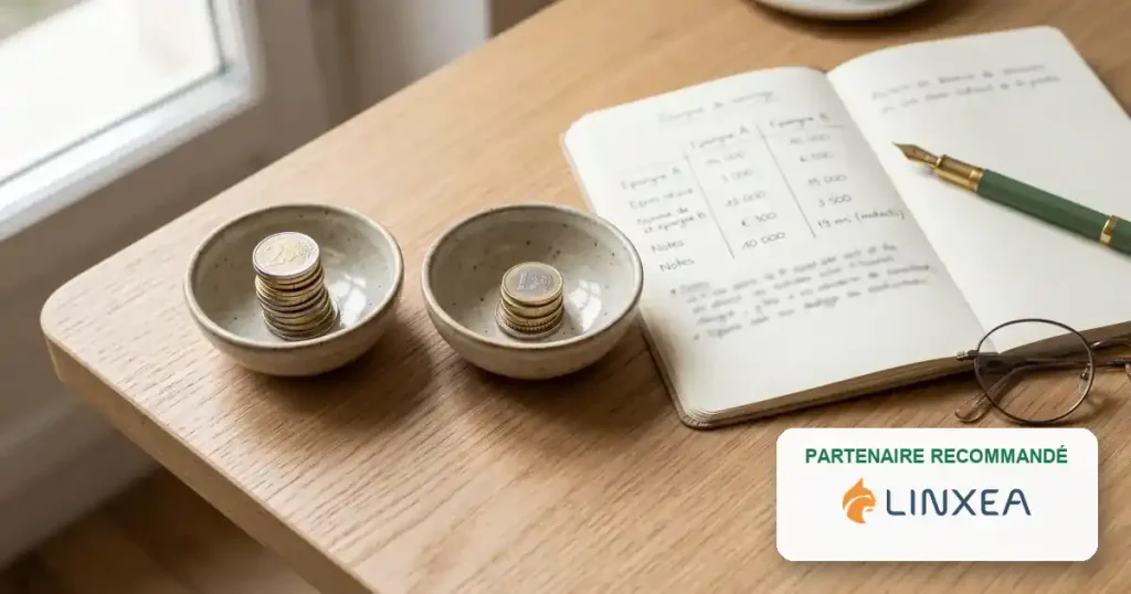 Linxea vs Boursorama Vie 2026 : comparatif visuel de deux piles de pièces et carnet de notes, en partenariat avec Linxea