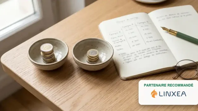 Linxea vs Boursorama Vie 2026 : comparatif visuel de deux piles de pièces et carnet de notes, en partenariat avec Linxea
