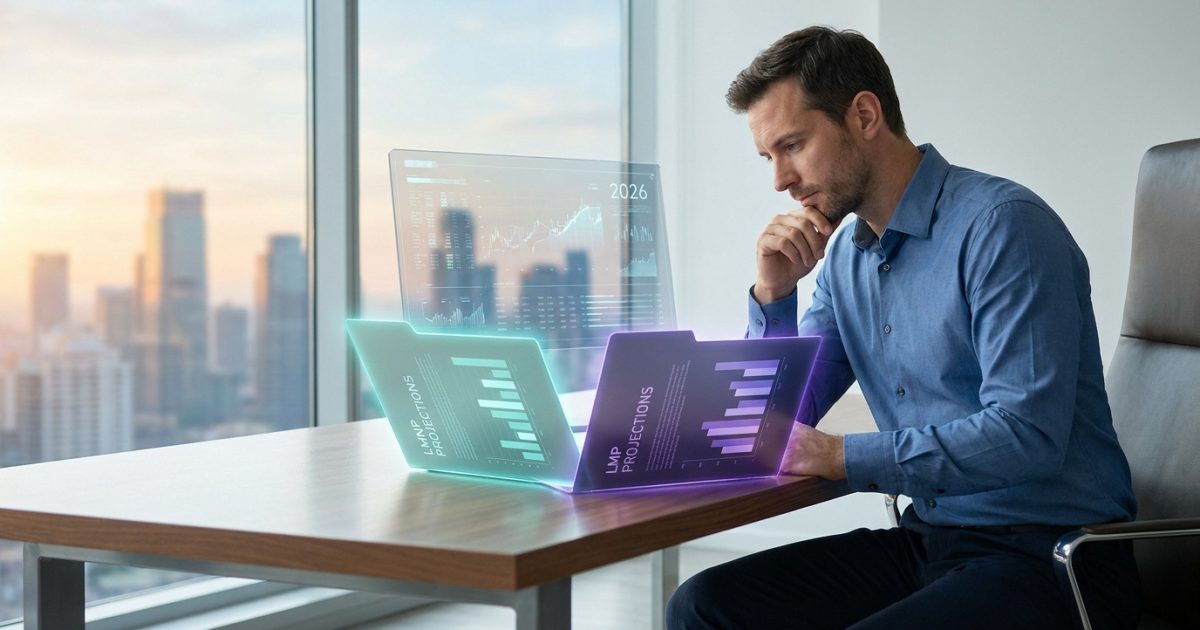 Un homme d'affaires réfléchit devant des projections financières holographiques 2026 comparant les statuts LMNP et LMP.