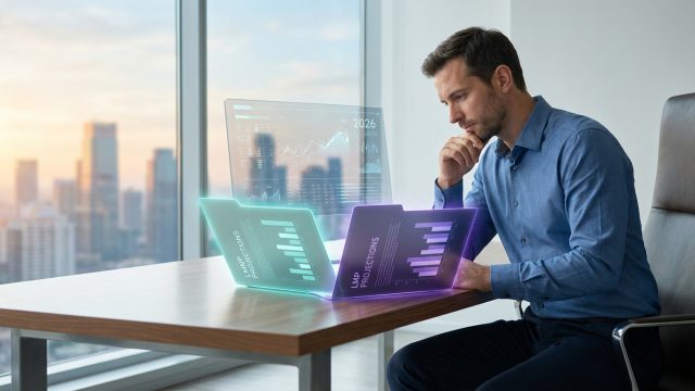 Un homme d'affaires réfléchit devant des projections financières holographiques 2026 comparant les statuts LMNP et LMP.
