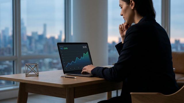 Une femme d'affaires analyse un graphique de gain net croissant sur son ordinateur face à une vue panoramique urbaine.