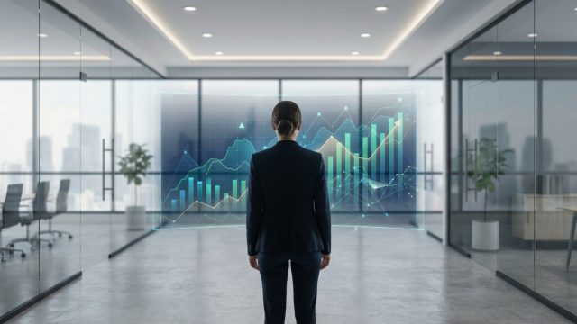 Une femme d'affaires regarde un écran holographique affichant des graphiques boursiers dans un bureau moderne.