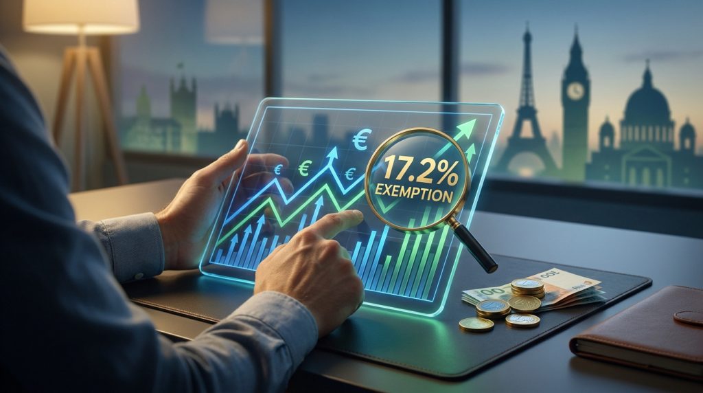 Une personne utilisant une tablette numérique affichant un graphique financier avec une loupe indiquant une exemption de 17,2%.