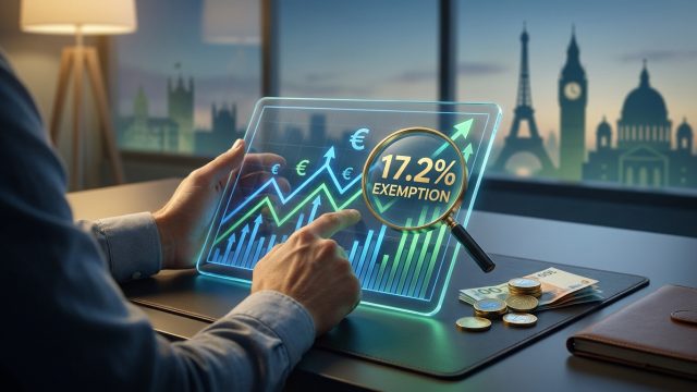 Une personne utilisant une tablette numérique affichant un graphique financier avec une loupe indiquant une exemption de 17,2%.