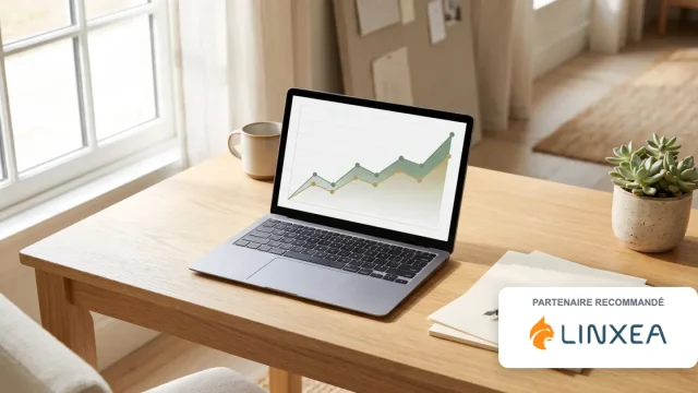 Linxea assurance vie 2026 : ordinateur portable affichant un graphique de performance sur un bureau, en partenariat avec Linxea