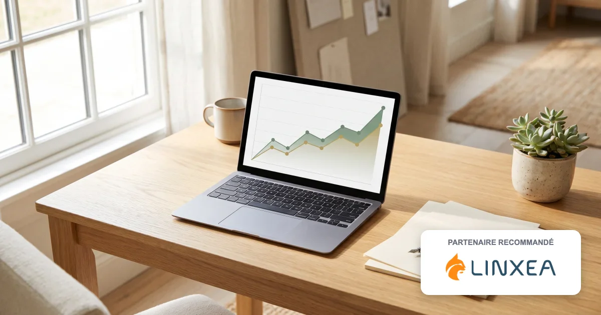 Linxea assurance vie 2026 : ordinateur portable affichant un graphique de performance sur un bureau, en partenariat avec Linxea