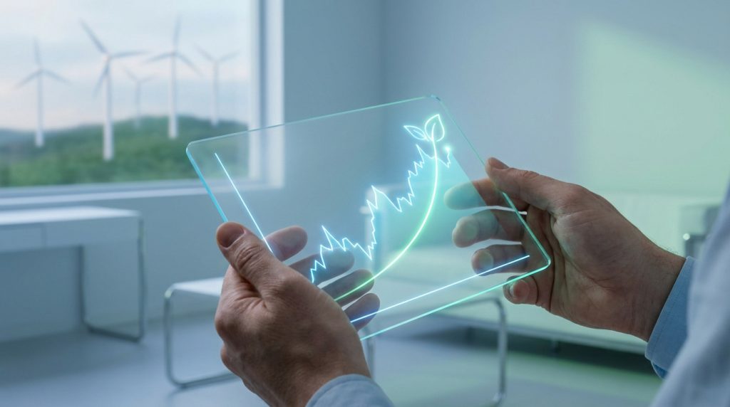 Mains tenant une tablette transparente affichant un graphique de croissance verte devant des éoliennes en arrière-plan.