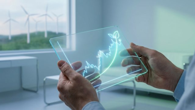Mains tenant une tablette transparente affichant un graphique de croissance verte devant des éoliennes en arrière-plan.
