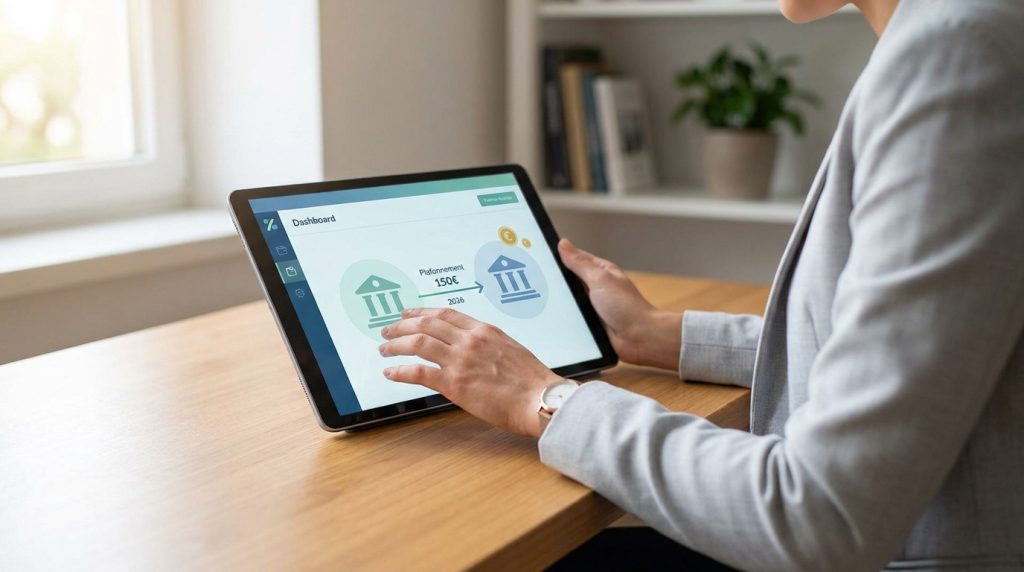 Une personne utilisant une tablette affichant un graphique de transfert bancaire entre deux institutions.