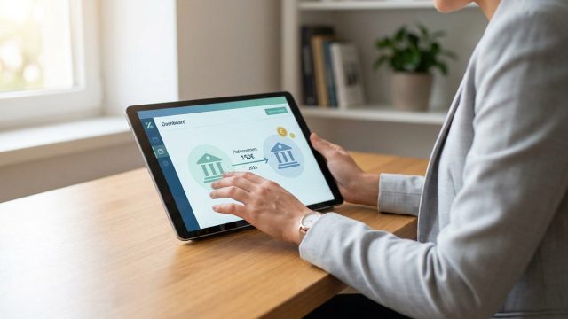 Une personne utilisant une tablette affichant un graphique de transfert bancaire entre deux institutions.